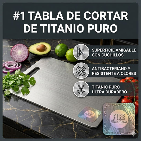 Tabla de cortar de titanio 100% puro: No más microplásticos, bacterias ni cuchillos romos